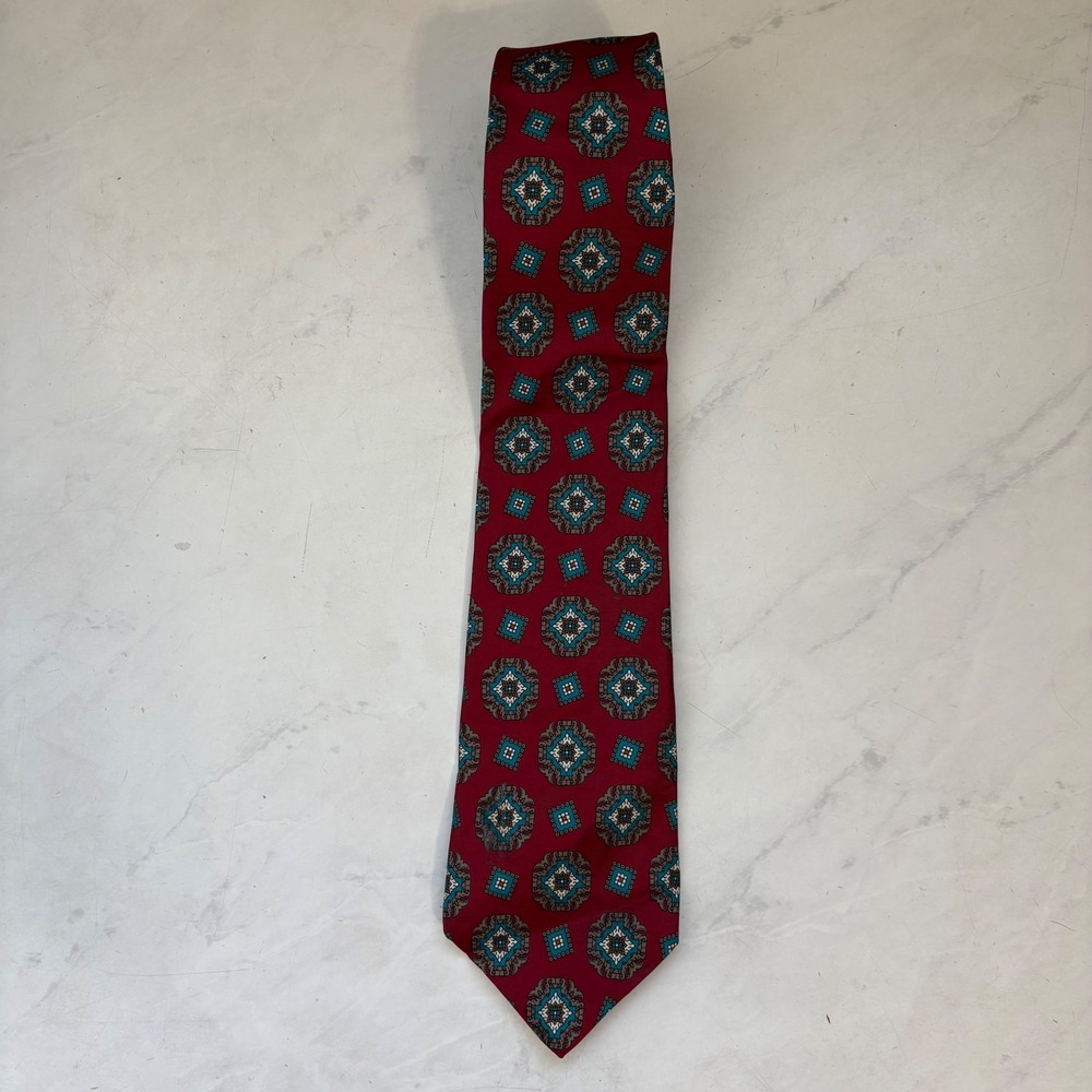 Vintage Christian Dior Men's Burgundy Red Teal Print Tie Formal Artsy Academia